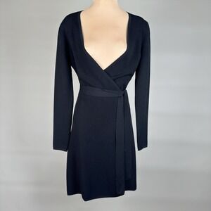 Diane Von Furstenberg Black Knit Wrap Dress Long‎ Sleeve Belted Size P